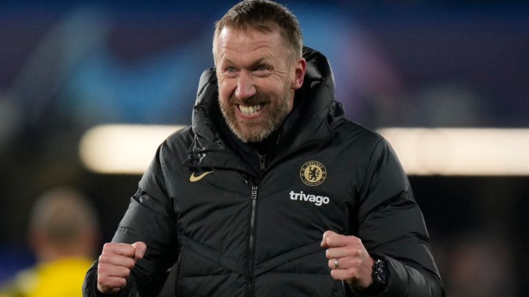 Chelsea's head coach Graham Potter celebrates on the pitch after the end of the Champions League round of 16 second leg soccer match between Chelsea FC and Borussia Dortmund at Stamford Bridge, London, Tuesday March 7, 2023. Chelsea won the tie 2-1 over the two legs .(AP Photo/Alastair Grant)