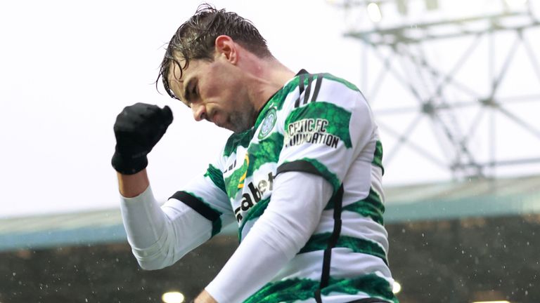 Matt O'Riley celebrates after scoring Celtic's opening goal at Kilmarnock
