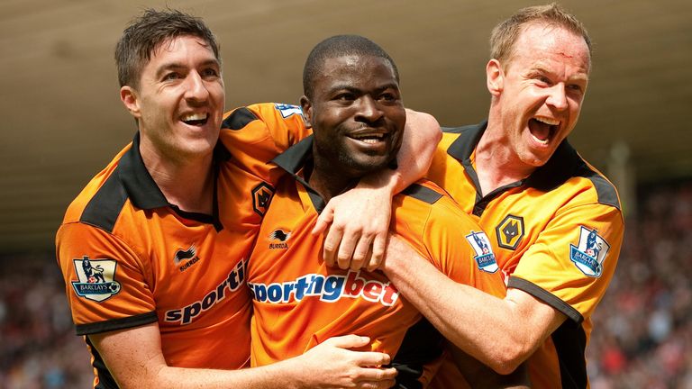 George Elokobi celebrates scoring for Wolves in the Premier League