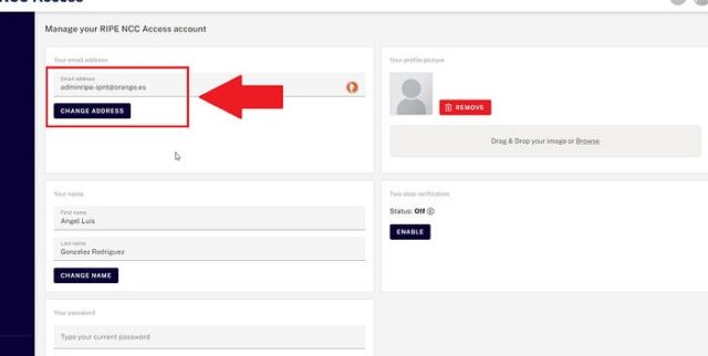 Screenshot showing RIPE account, including the orange.es email address associated with it.
