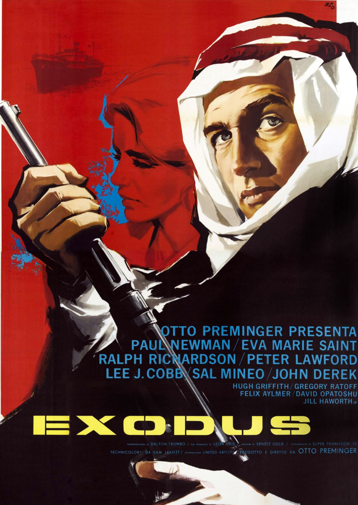 An illustration of Paul Newman as Ari, holding a gun, with Alexandra Stewart as Jordana in the background.