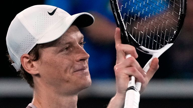 Jannik Sinner of Italy reacts after defeating Jesper de Jong of the Netherlands during their second round match at the Australian Open tennis championships at Melbourne Park, Melbourne, Australia, Wednesday, Jan. 17, 2024. (AP Photo/Andy Wong)