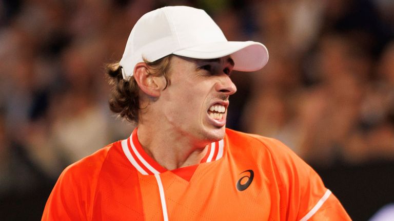 January 17, 2024: 10th seed ALEX DE MINAUR of Australia reacts after setting up a match point against Matteo Arnaldi of Italy on Rod Laver Arena in a Men's Singles 2nd round match on day 4 of the 2024 Australian Open in Melbourne, Australia. Sydney Low/Cal Sport Media(Credit Image: .. Sydney Low/Cal Sport Media) (Cal Sport Media via AP Images)