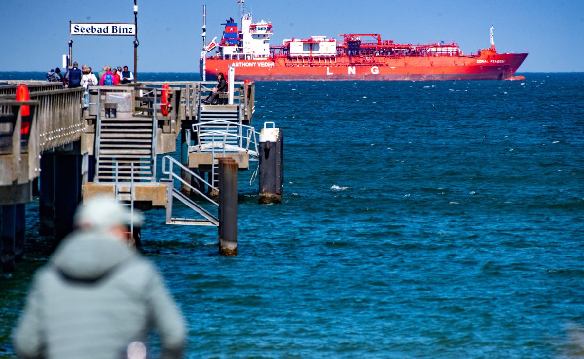 An LNG shuttle tanker floats off the coast of the island of Rügen in Germany.