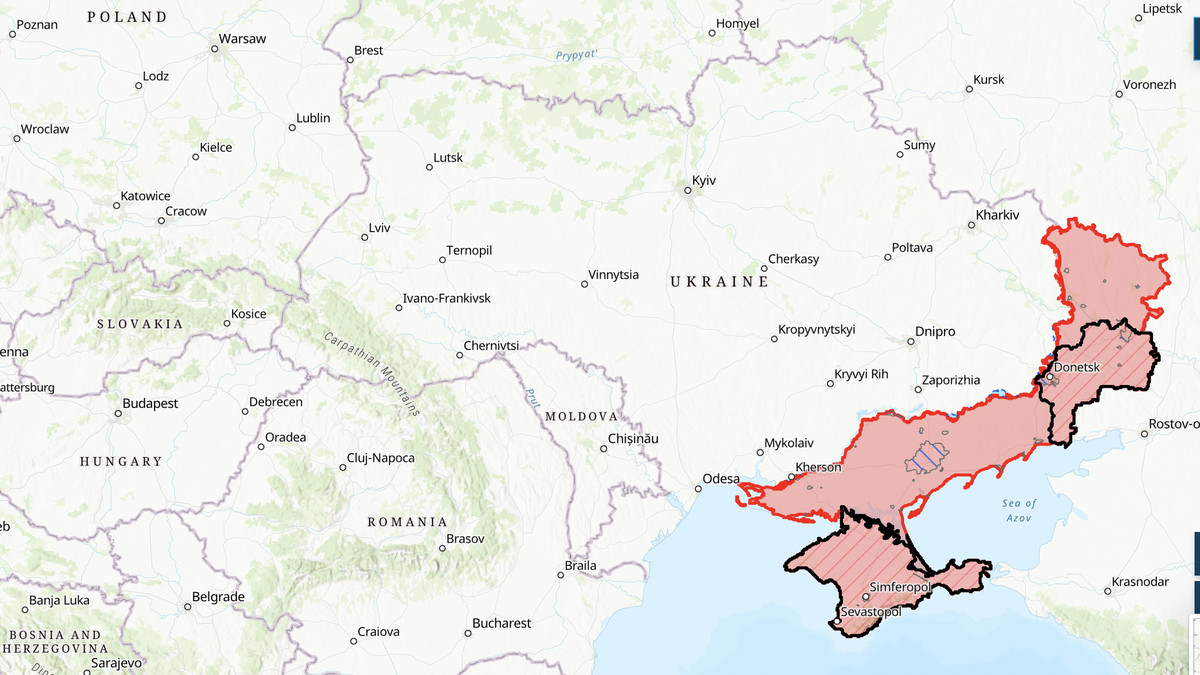 A map of Ukraine and surrounding countries Poland, Slovakia, Hungary, and Romania, outlining portions of Ukrainian territory occupied by Russia in red. 