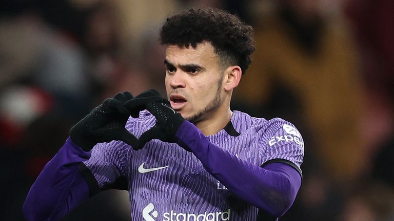 Luis Diaz celebrates after scoring in injury time to seal a 2-0 win for Liverpool at the Emirates