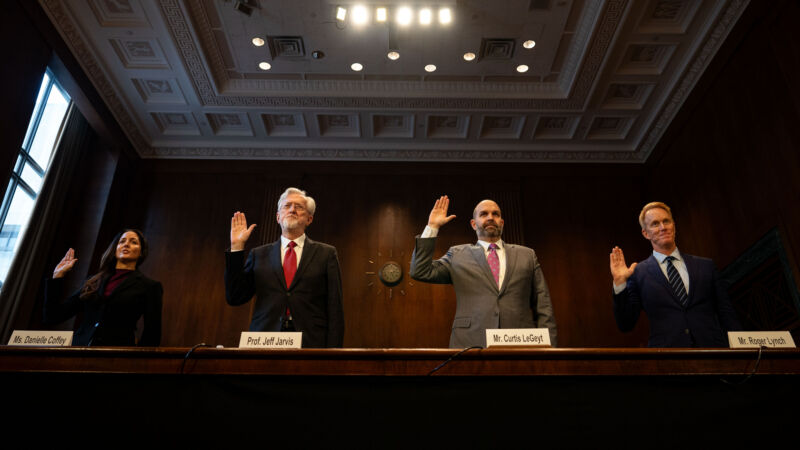 WASHINGTON, DC - JANUARY 10: Danielle Coffey, President and CEO of News Media Alliance, Professor Jeff Jarvis, CUNY Graduate School of Journalism, Curtis LeGeyt President and CEO of National Association of Broadcasters, Roger Lynch CEO of Condé Nast, are strong in during a Senate Judiciary Subcommittee on Privacy, Technology, and the Law hearing on “Artificial Intelligence and The Future Of Journalism” at the U.S. Capitol on January 10, 2024 in Washington, DC. Lawmakers continue to hear testimony from experts and business leaders about artificial intelligence and its impact on democracy, elections, privacy, liability and news. (Photo by Kent Nishimura/Getty Images)