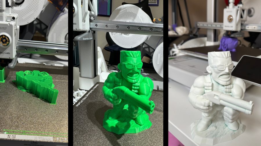 An image of the 3D printing process of Duke Nukem model