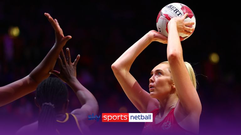 Helen Housby of England takes a shot during the Vitality Netball Nations Cup match between England and Uganda at OVO Arena Wembley 