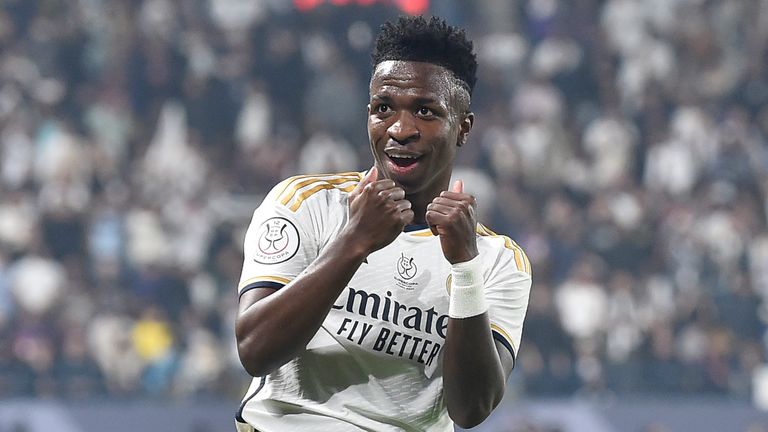 Real Madrid's Vinicius Junior celebrates after scoring at Barcelona during the Spanish Super Cup final soccer match between Real Madrid and Barcelona at Al Awwal Park Stadium in Riyadh, Saudi Arabia, Sunday, Jan. 14, 2024. (AP Photo)