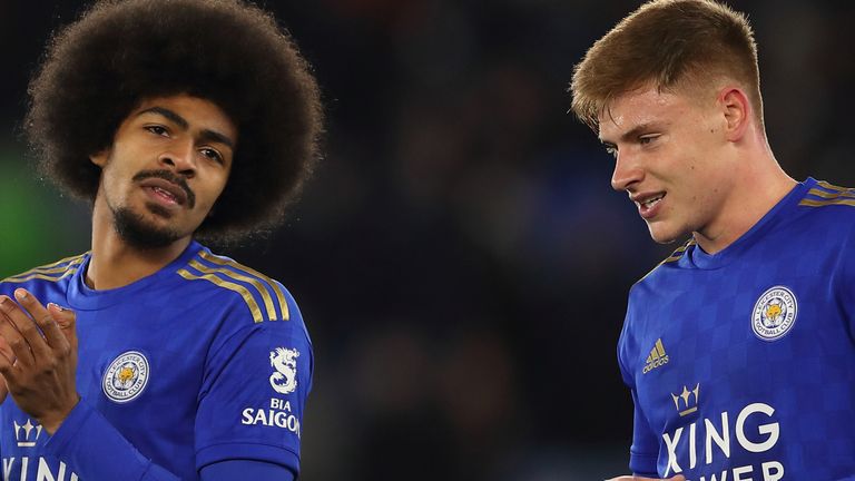 Hamza Choudhury and Harvey Barnes of Leicester City at full time of the FA Cup Fifth Round match between Leicester City and Birmingham City at The King Power Stadium