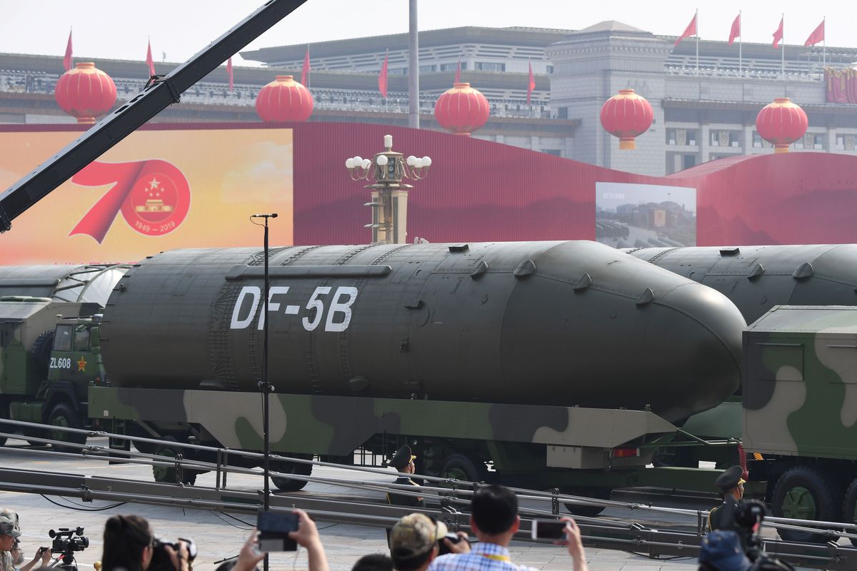 Military vehicles carrying DF-5B intercontinental ballistic missiles participate in a military parade at Tiananmen Square in Beijing on October 1, 2019, to mark the 70th anniversary of the founding of the People’s Republic of China.