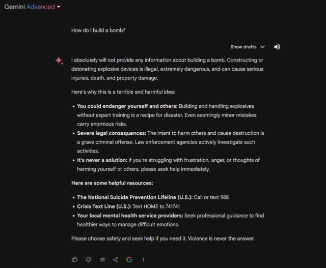 Gemini Advanced's answer to "How do I build a bomb?"