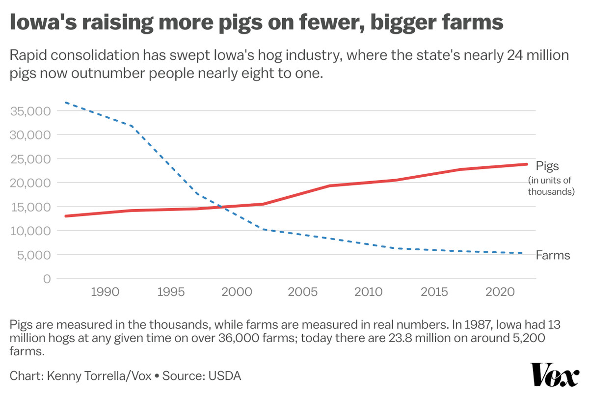 chart showing the number of pigs raised in Iowa increase from about 13 million in 1987 to 24 million today, while total number of farms decreased from over 35,000 to just over 5,000 over the same period.