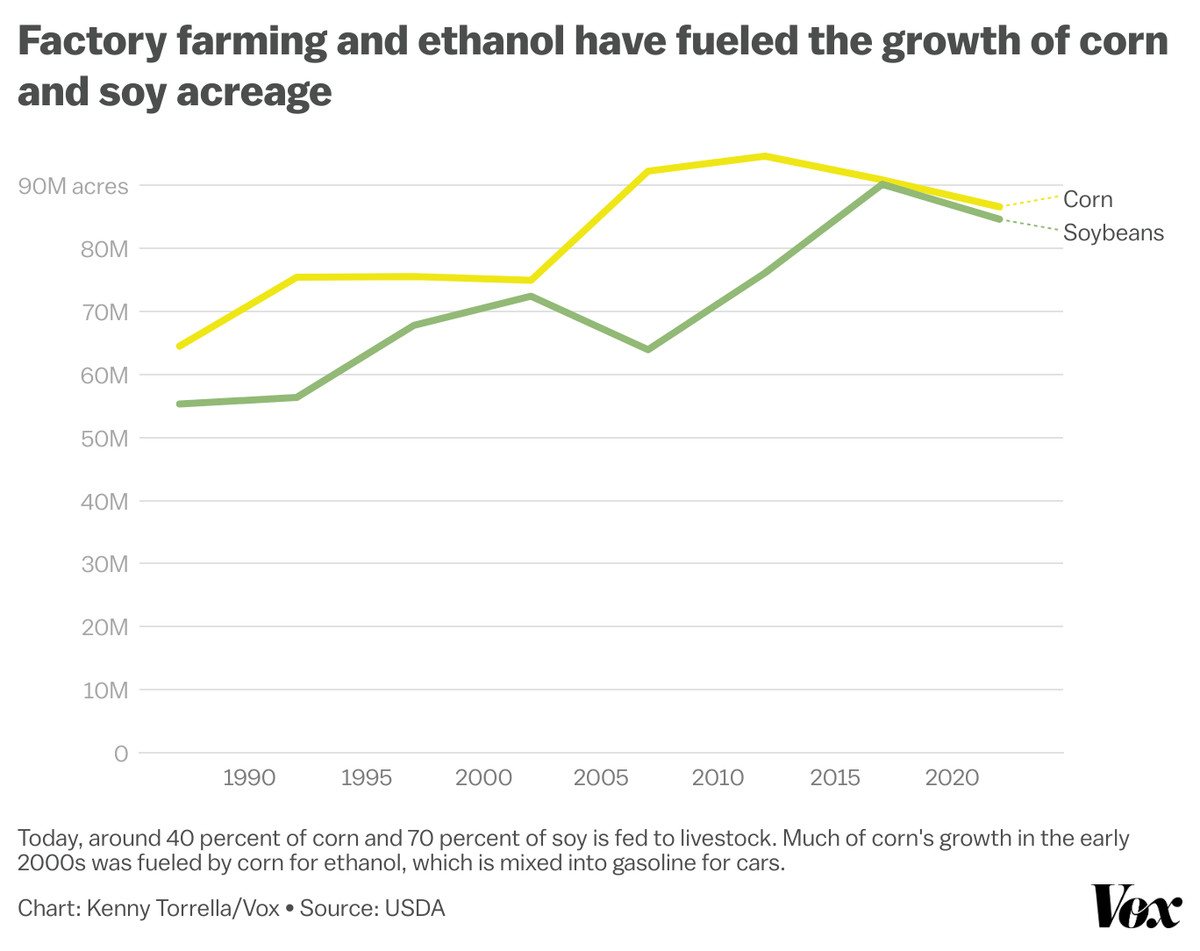 Chart show soybean acreage increasing from about 55 million in 1987 to 85 million in 2022. Corn increase from 65 million acres to 85 million over the same period.