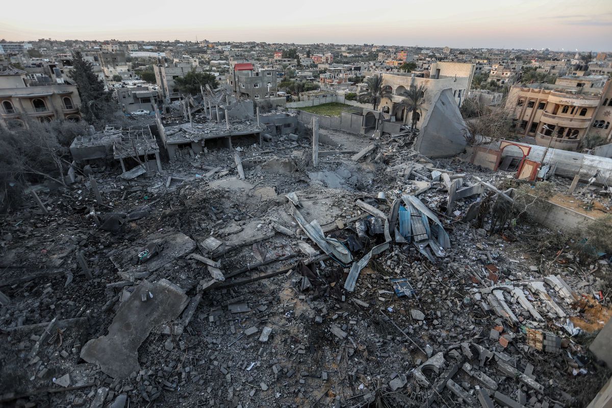 The rubble of buildings is seen in Rafah.