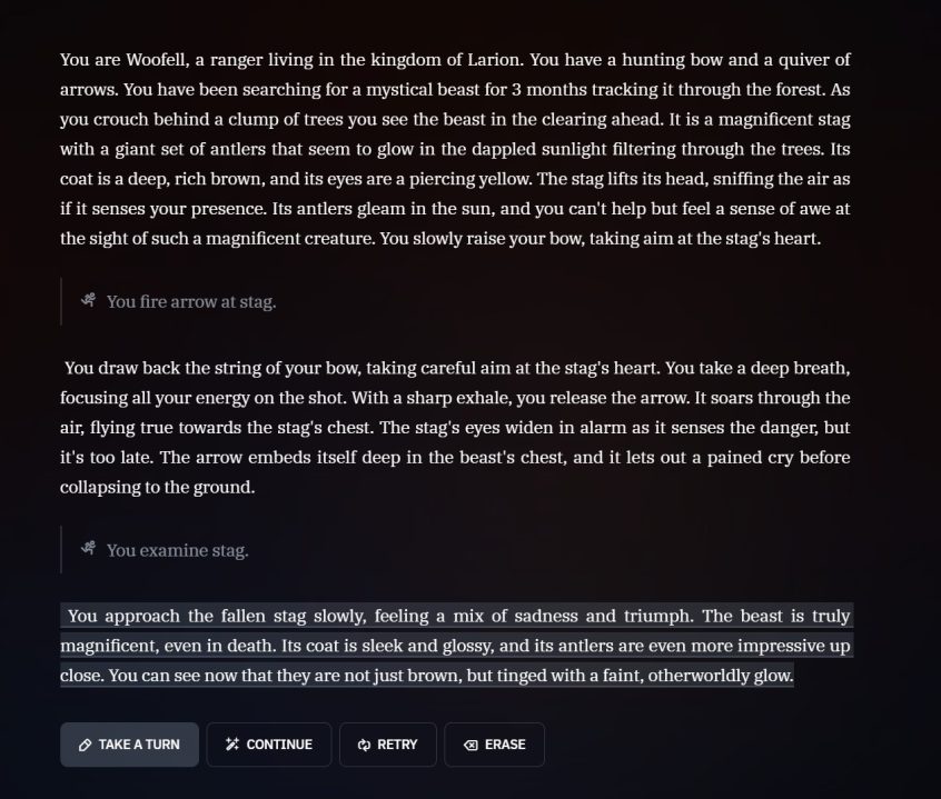 An image of a text-based AI Dungeon adventure