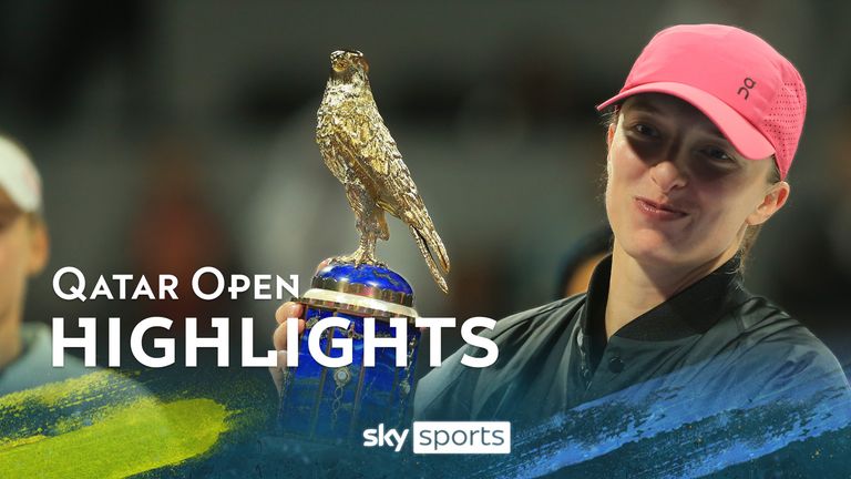 Poland's Iga Swiatek holds the trophy after winning the Qatar Open final against Kazakhstan's Ekaterina Rybakina in Doha, Qatar, on Saturday, Feb. 17, 2024.
