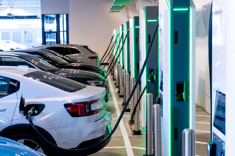 A row of EVs charging at EA's flagship location in San Francisco