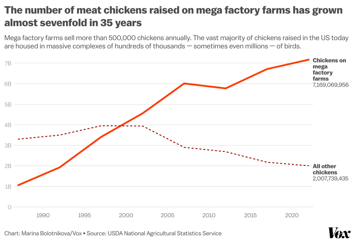 chart showing the number of chickens raised on mega-factory farms increase from about a billion in 1987 to more than 7 billion in 2022. The number not raised in such facilities decreased from just over 3 billion in 1987 to 2 billion in 2022.&nbsp;