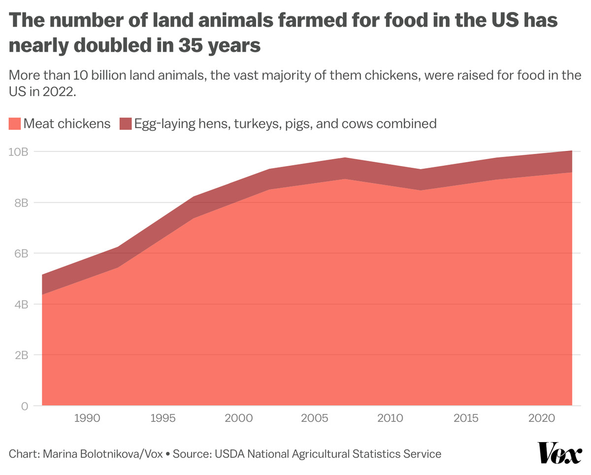 chart showing the number of animals farmed for food increase from about 5 billion in 1987 to 10 billion in 2022. The vast majority of these are chickens. 