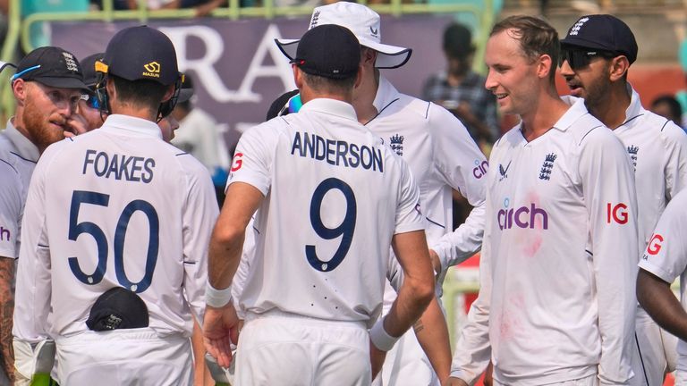 England's Tom Hartley, right, celebrates the wicket of India's Axar Patel on the third day of the second cricket test match between India and England in Visakhapatnam, India, Sunday, Feb. 4, 2024. (AP Photo/Manish Swarup)
