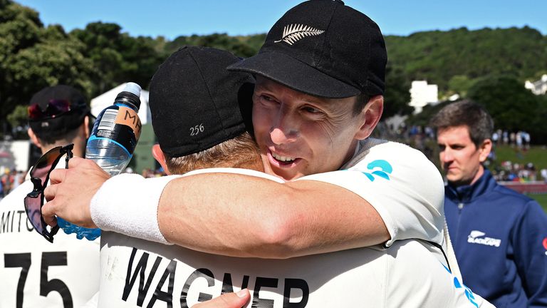 Neil Wagner, left, and teammate Matt Henry embrace after New Zealand's one-run win against England in February 2023