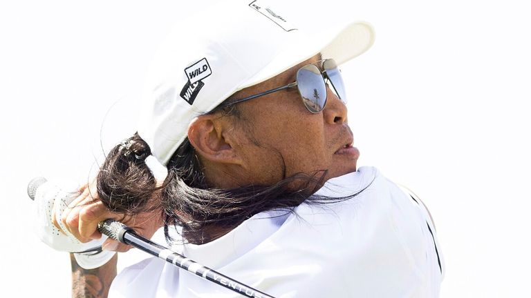 Wild Card player Anthony Kim hits his shot on the ninth hole during the first round of LIV Golf Jeddah at the Royal Greens Golf & Country Club on Friday, March 01, 2024 in King Abdullah Economic City, Saudi Arabia. (Photo by Chris Trotman/LIV Golf via AP)