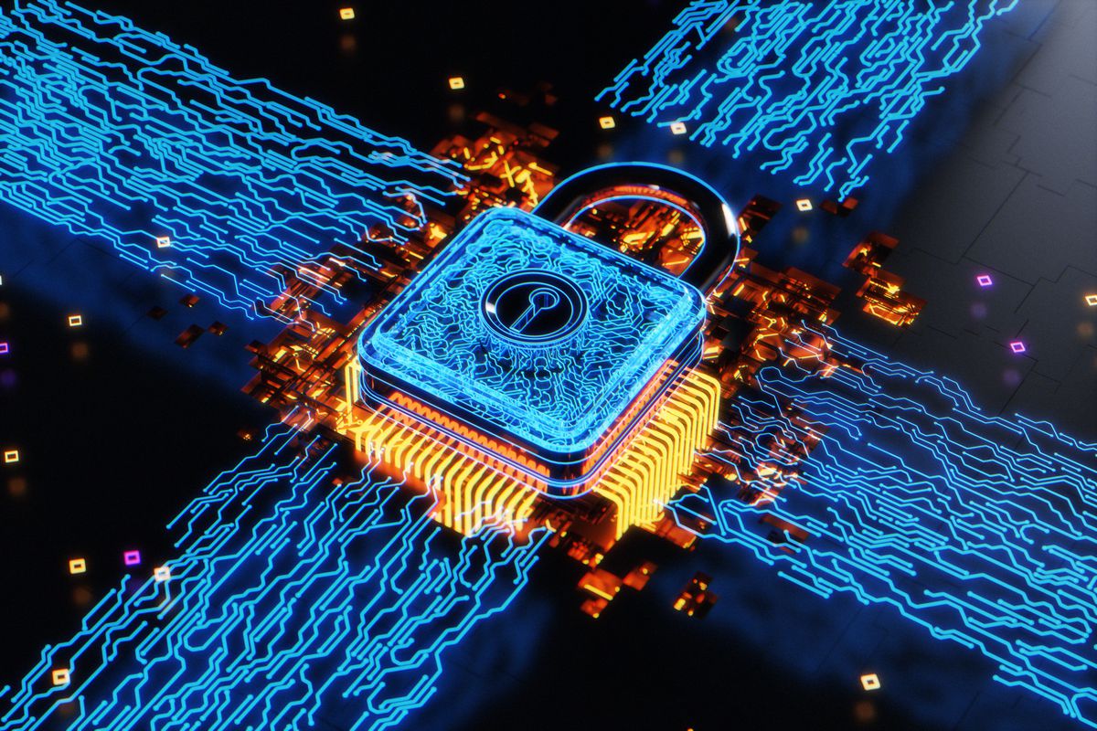 Illustration of a computer chip in the shape of a padlock with glowing lines radiating from it in the four cardinal directions.