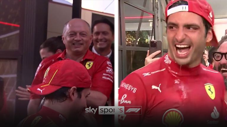 Ferrari team principal Fred Vasseur celebrates with Carlos Sainz following Australian GP victory