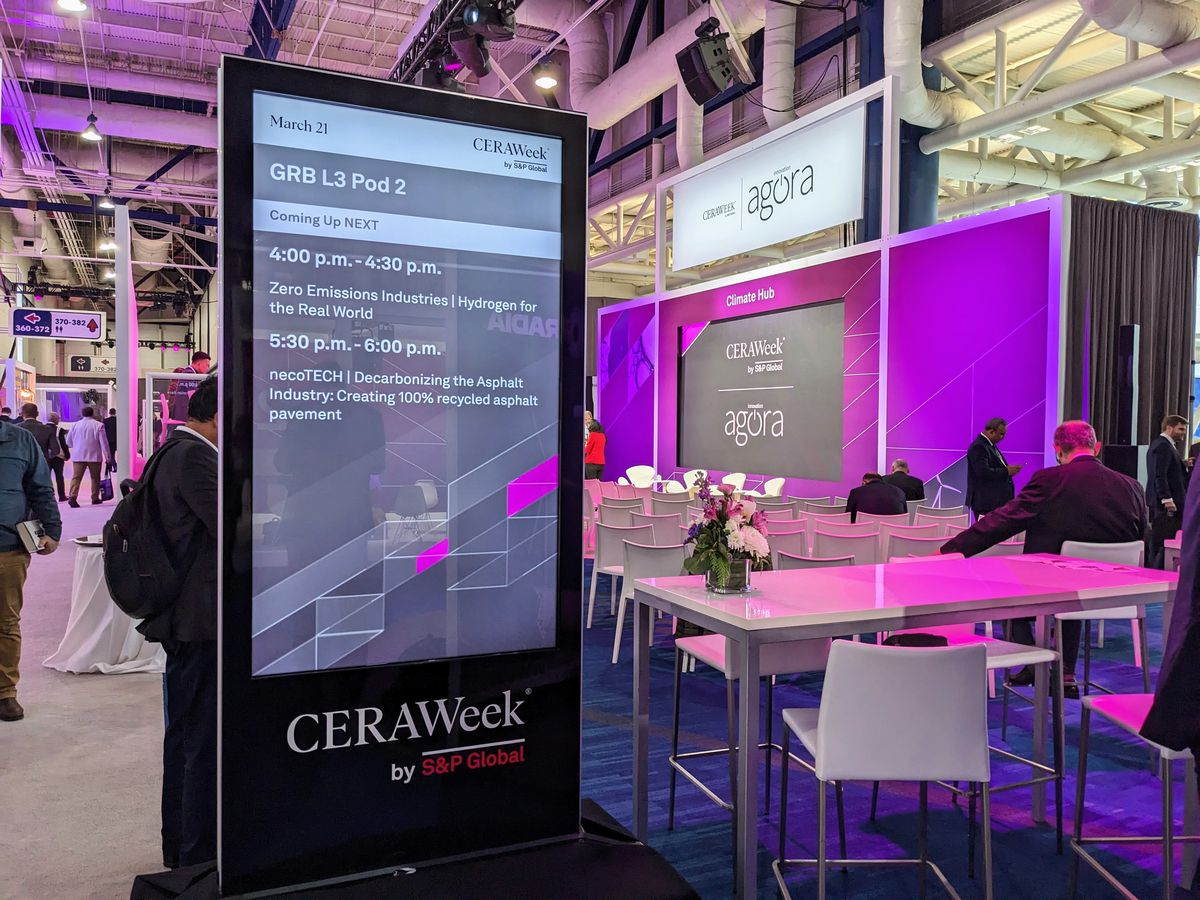 A conference schedule on display at the CERAWeek Innovation Agora conference. 