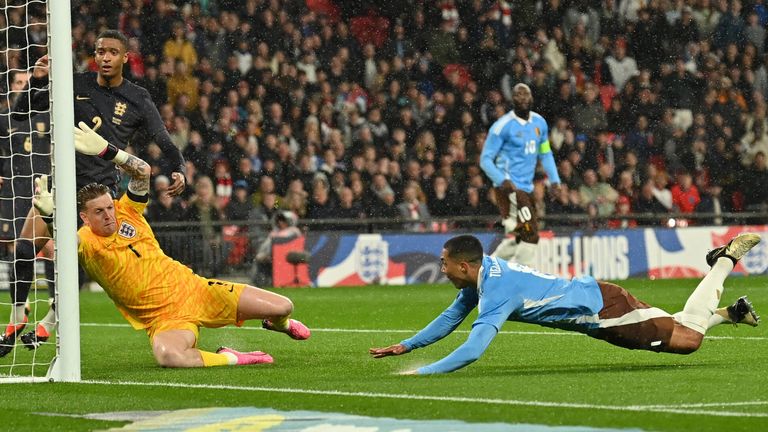 Belgium retake the lead at Wembley through Youri Tielemans's diving header