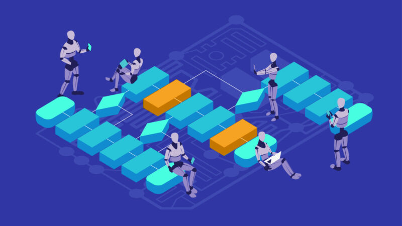 An illustration of robots sitting on a logical block diagram.