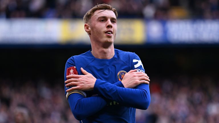 Cole Palmer performs his trademark goal celebration after giving Chelsea a 2-0 lead against Leicester