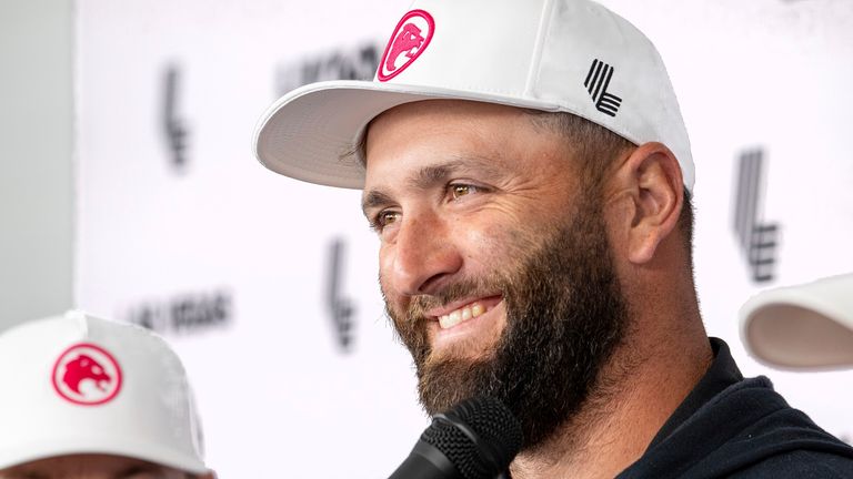 Captain Jon Rahm of Legion XIII GC attends a press conference during the practice round before the start of the LIV Golf Las Vegas at the Las Vegas Country Club on Tuesday, February 06, 2024 in Las Vegas, United States. (Photo by Charles Laberge/LIV Golf via AP)