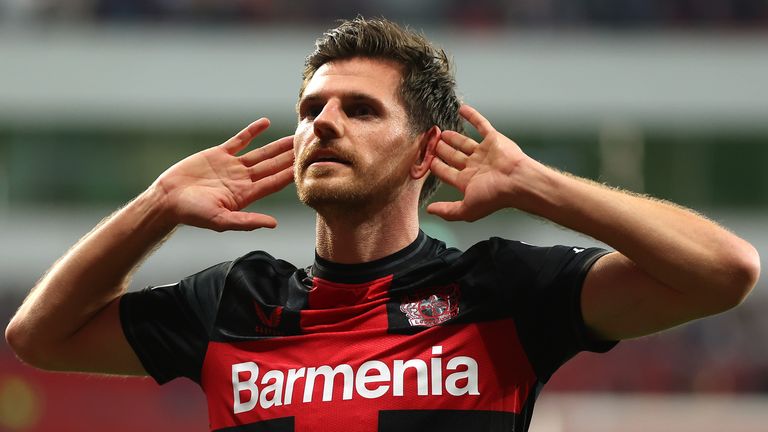 Jonas Hofmann of Bayer Leverkusen celebrates scoring against West Ham