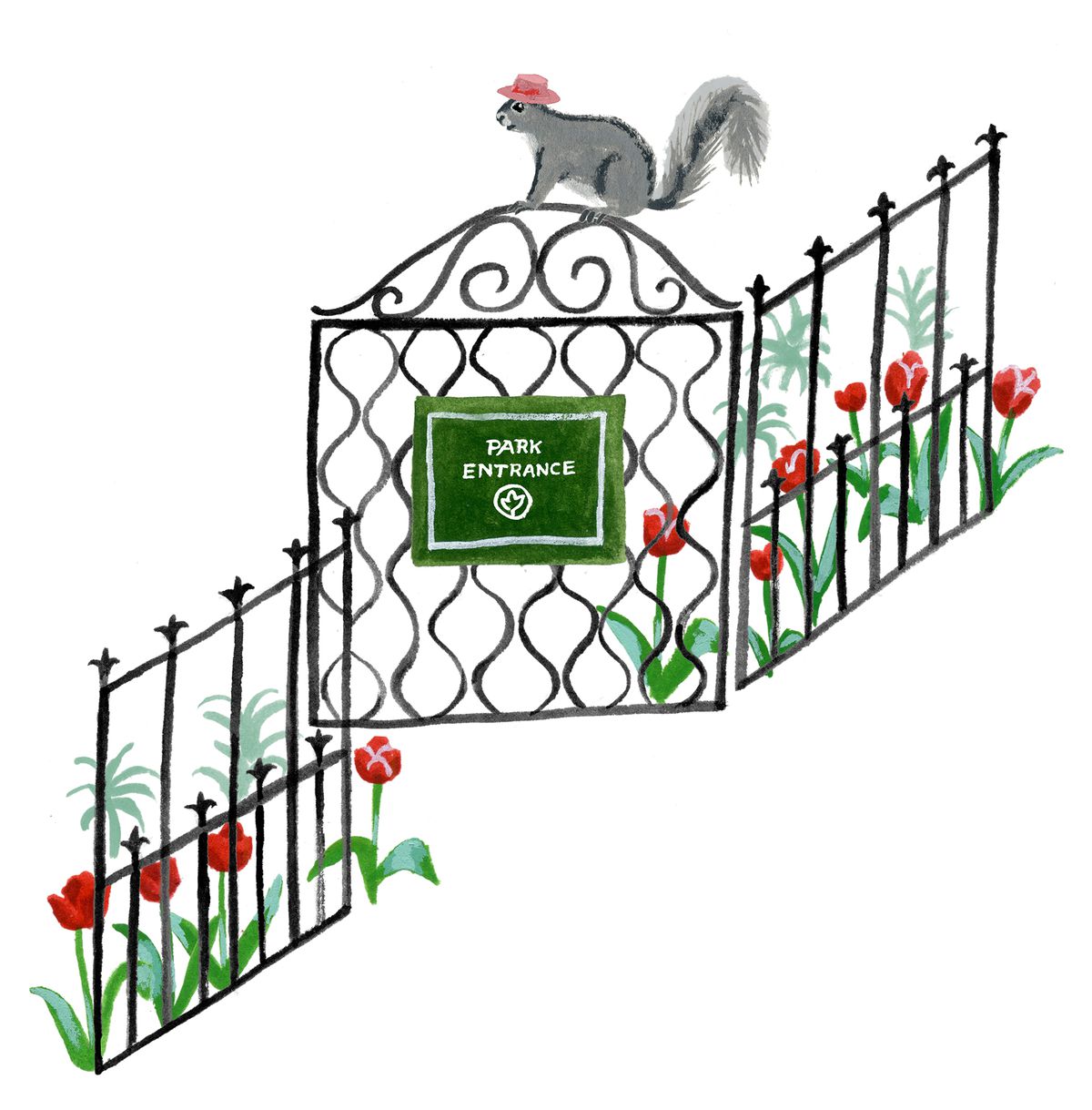 An illustration of a squirrel wearing a red hat and perching atop a decorative wrought-iron gate with a green “Park Entrance” sign. Red tulips grow along the fence-line.