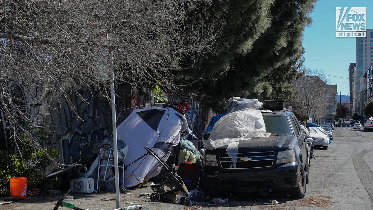 Homeless encampments line the streets in Oakland, California