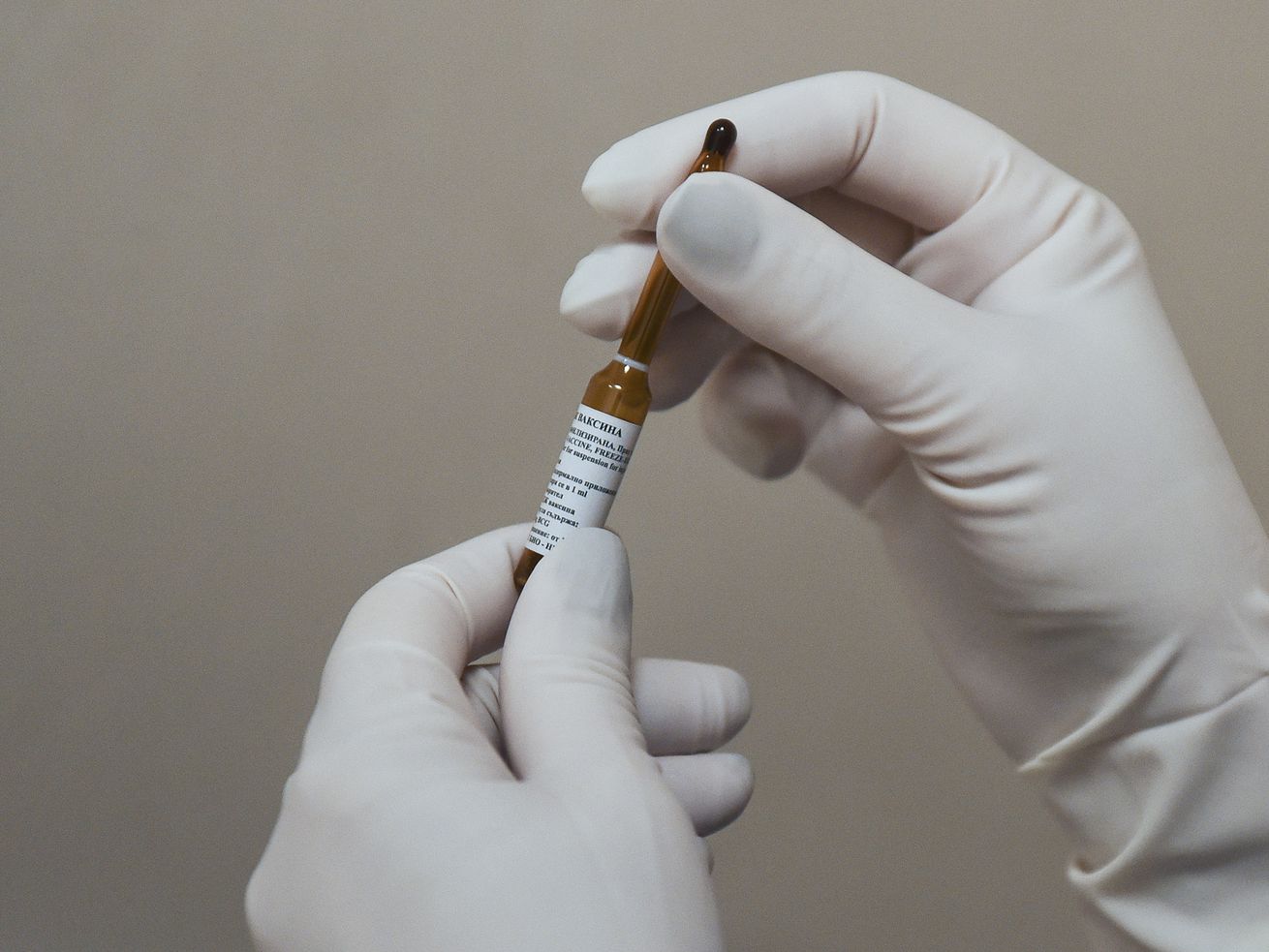 A pair of hands, in white medical latex gloves, holds a single BCG vaccine dose in a very small brown bottle. 