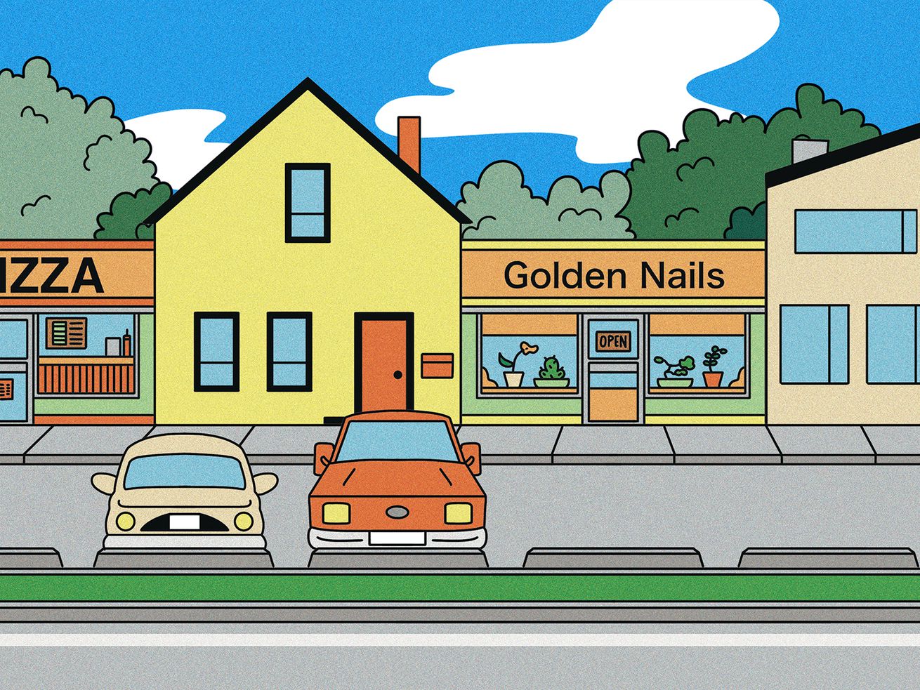 An illustration of a strip mall includes a business that reads “golden nails.” There are cars parked in a lot just in front of them. Two of the businesses are replaced by residential housing.