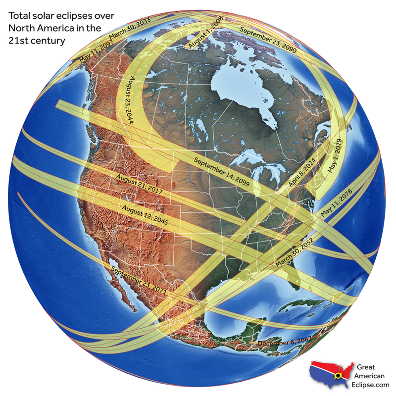 A globe showing the paths of all solar eclipses of the 21st century.