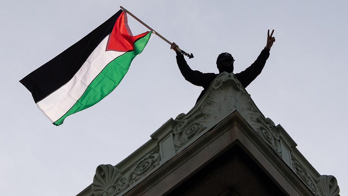 A pro-Palestinian demonstrator holds a flag on the rooftop of Hamilton Hall at Columbia University