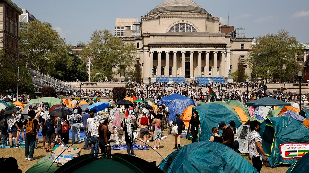 Student protesters gather in protest inside their encampment on the Columbia University campus