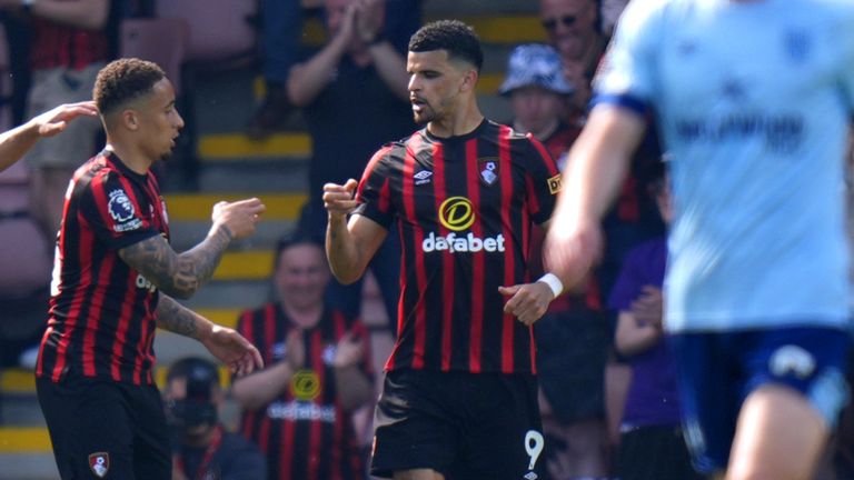 Dominic Solanke celebrates after scoring a late equaliser for Bournemouth