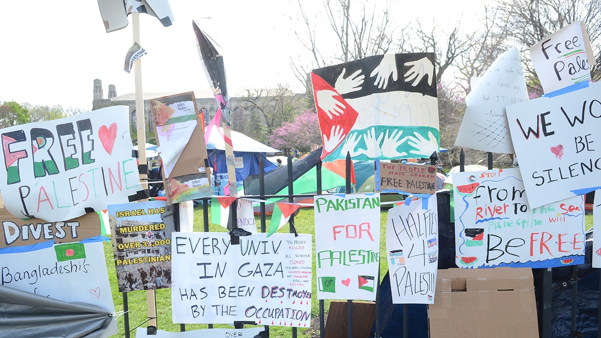 Anti-Israel signs seen at an encampment at Northwestern University
