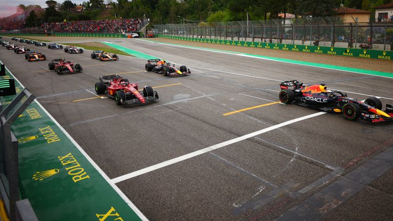 FILE - Red Bull driver Max Verstappen of the Netherlands leads at the start of the Emilia Romagna Formula One Grand Prix, at the Enzo and Dino Ferrari racetrack in Imola, Italy, Sunday, April 24, 2022. This weekend's Emilia-Romagna Grand Prix in northern Italy was canceled Wednesday, May 17, 2023, because of deadly floods in the region. Formula One said it made the decision for safety reasons and to avoid any extra burden on the emergency services, after consulting with Italian political figures. (Guglielmo Mangiapane/Pool Photo via AP, File)