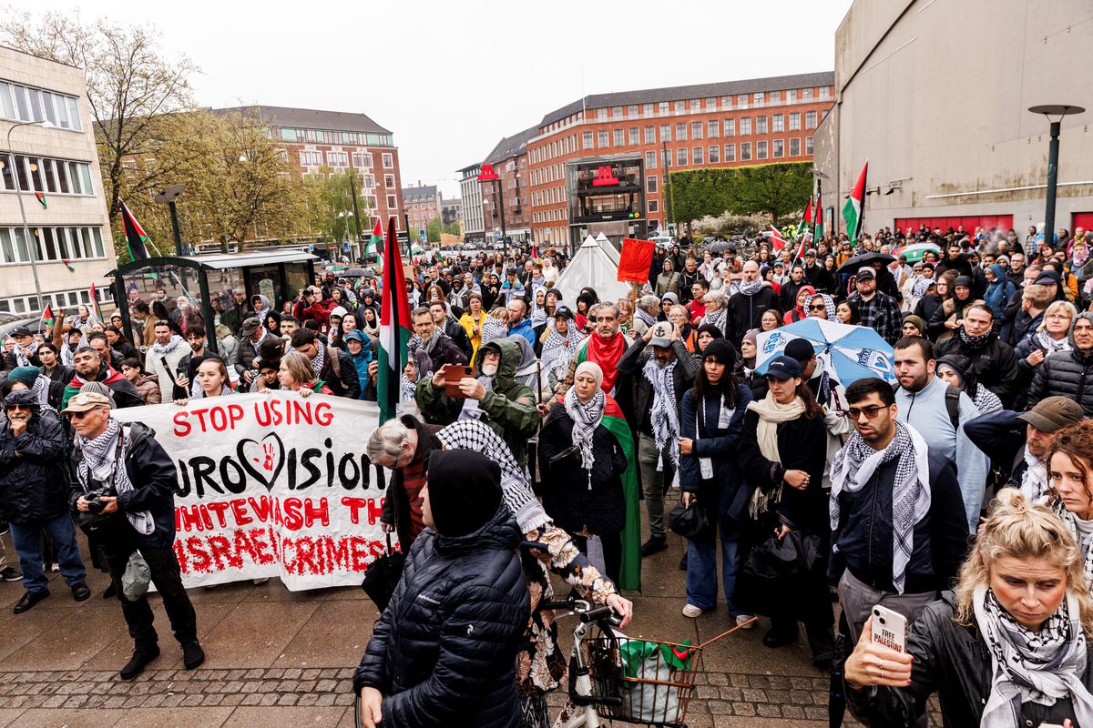Participants display a banner ‘Stop using Eurovision to whitewash Israel’s crimes’ as they gather for a demonstration in Copenhagen, Denmark, on May 5, 2024.