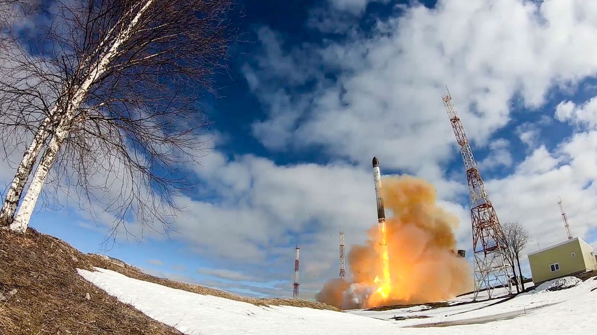 A Sarmat intercontinental ballistic missile is launched from Plesetsk in northwestern Russia.