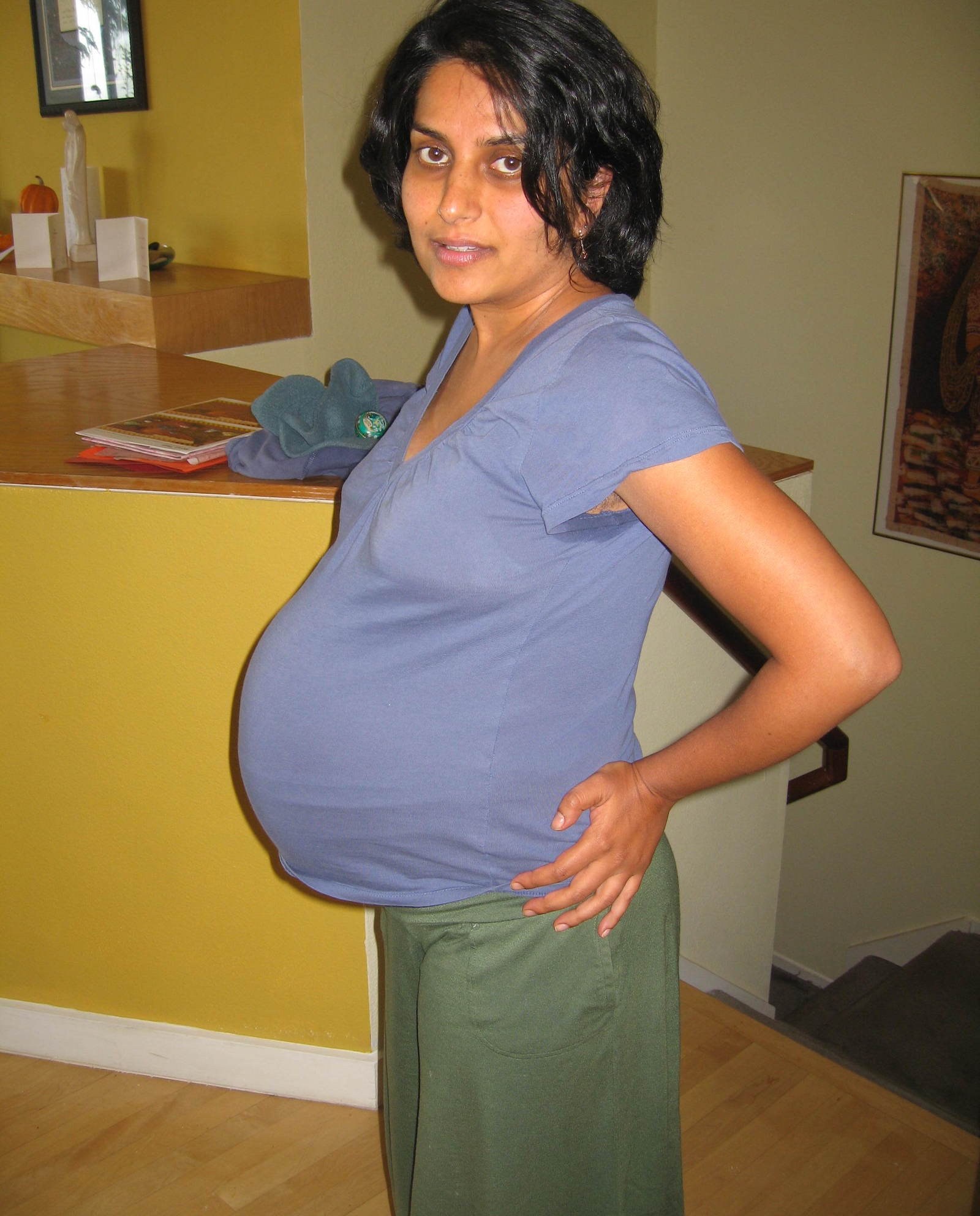 Rupa Basu stands with her arms akimbo displaying her very large belly in the final months of her second pregnancy in 2007.