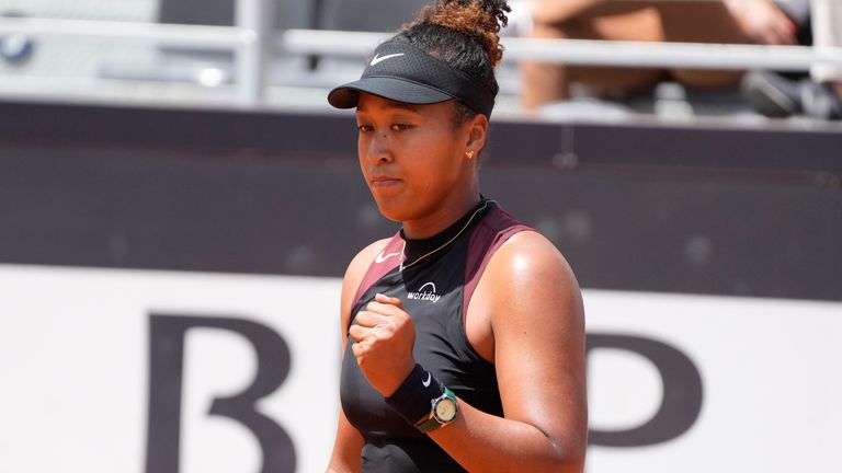Naomi Osaka, of Japan, celebrates after winning a point during her match against Daria Kasatkina, of Russia, at the Italian Open tennis tournament in Rome, Saturday, May 11, 2024.(AP Photo/Gregorio Borgia)